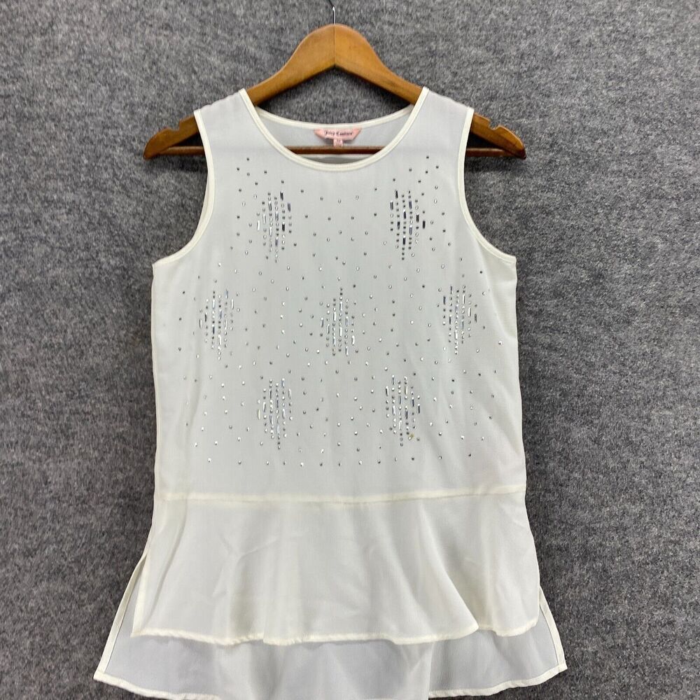 Juicy Couture Blouse Women XS White Rhinestone Crew Neck Sleeveless Wide Strap - Picture 4 of 9